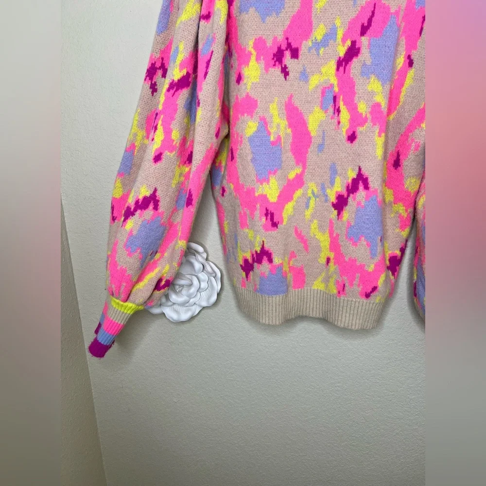 NTM Jodifl Abstract Print Sweater Neon Pink Taupe Balloon Sleeve Pullover Size L - Picture 14 of 16